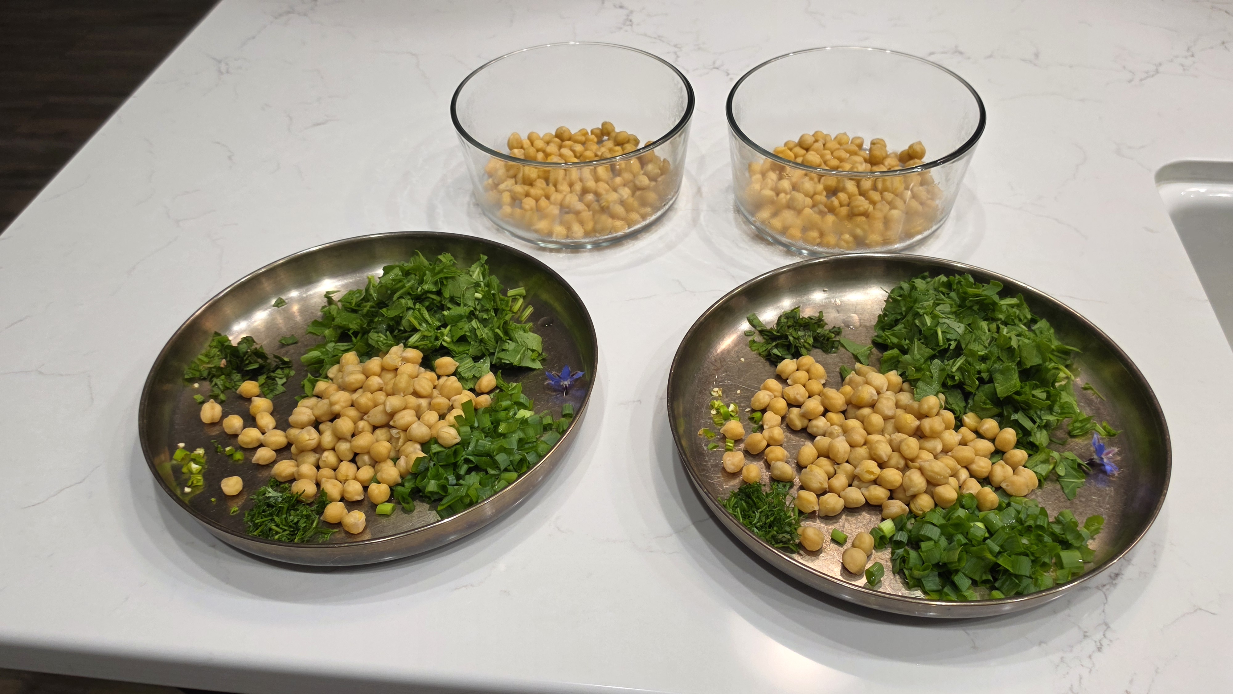 Meal prep - chickpeas and garden herbs, everything except quinoa
