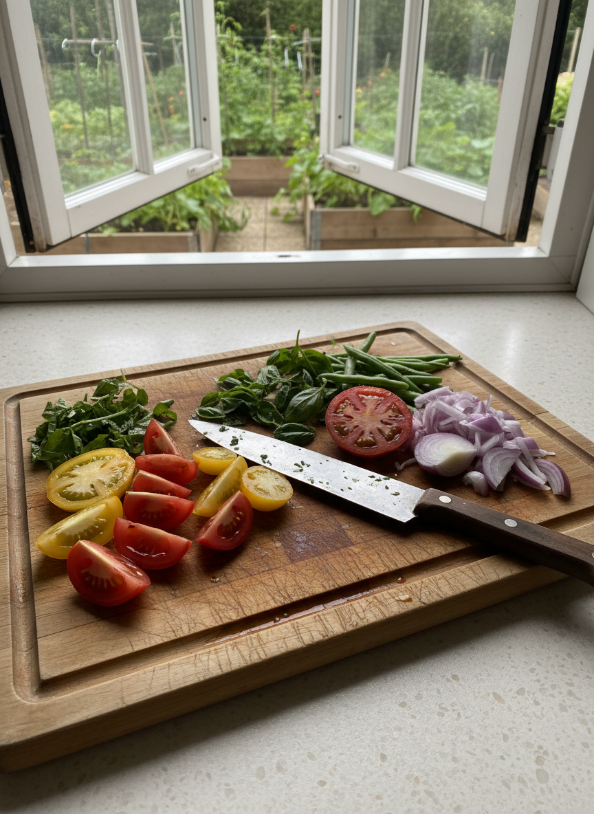 A simple, well-used wooden cutting board rests on a laminate countertop, scattered with freshly chopped backyard herbs and vegetables: unevenly sliced tomatoes, roughly torn basil, snapped green beans, and a half-diced red onion. A slightly nicked chef’s knife lies askew, its blade flecked with juice and tiny herb pieces. In the background, the open kitchen window shows a soft-focus view of raised beds and trellises outside. Soft, overcast daylight filters in, creating diffused, natural lighting with gentle shadows and subtle highlights on the knife. Photographic realism, eye-level composition with a casual, documentary feel, like a candid moment mid–meal prep, cozy and playful rather than professionally styled.