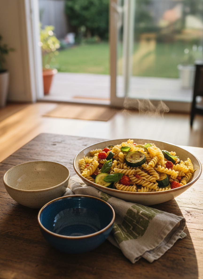 A steaming bowl of simple vegetarian pasta sits on a scuffed wooden dining table for two, the noodles loosely twirled with chunks of roasted backyard zucchini, blistered cherry tomatoes, and torn basil leaves glistening with olive oil. Two mismatched ceramic bowls are placed side by side, one slightly closer to the camera, with a wrinkled cloth napkin draped casually between them. In the distant background, a sliding glass door reveals a slightly blurred view of the garden at golden hour. Warm, slanting sunlight casts long, soft shadows and a cozy glow over the scene. Photographic realism, shot from a slightly elevated angle, relaxed and homey, evoking a playful, everyday dinner rather than a styled food shoot.