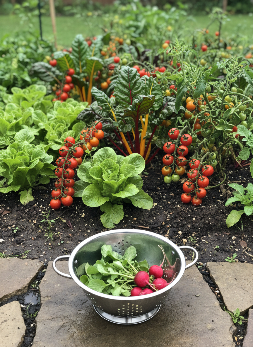 A weathered backyard garden bed after a light rain, soil still dark and damp, overflowing with lush green lettuce, rainbow chard with bright red and yellow stems, and clusters of ripening cherry tomatoes on tangled vines. In the foreground, a simple metal colander is half-filled with just-harvested leaves and a few soil-speckled radishes, resting directly on the garden path of uneven stepping stones. Soft, diffused overcast light brings out saturated greens and reds without harsh shadows. Photographic realism, shot from a slightly elevated angle with moderate depth of field so the colander is sharp and the rest of the bed gently blurred. The mood is peaceful, playful, and unpolished, like a personal snapshot on a slow gardening morning.